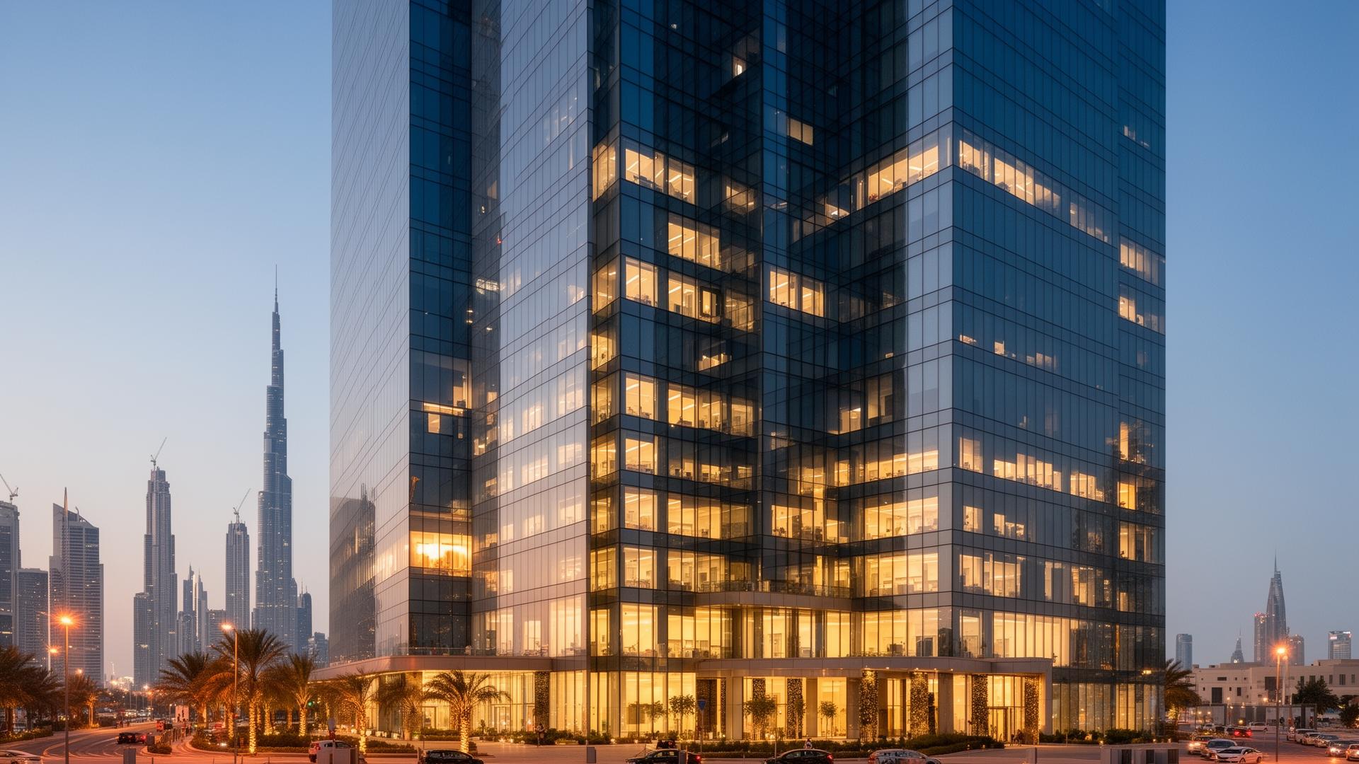 Commercial tower at dusk on Sheikh Zayed Road