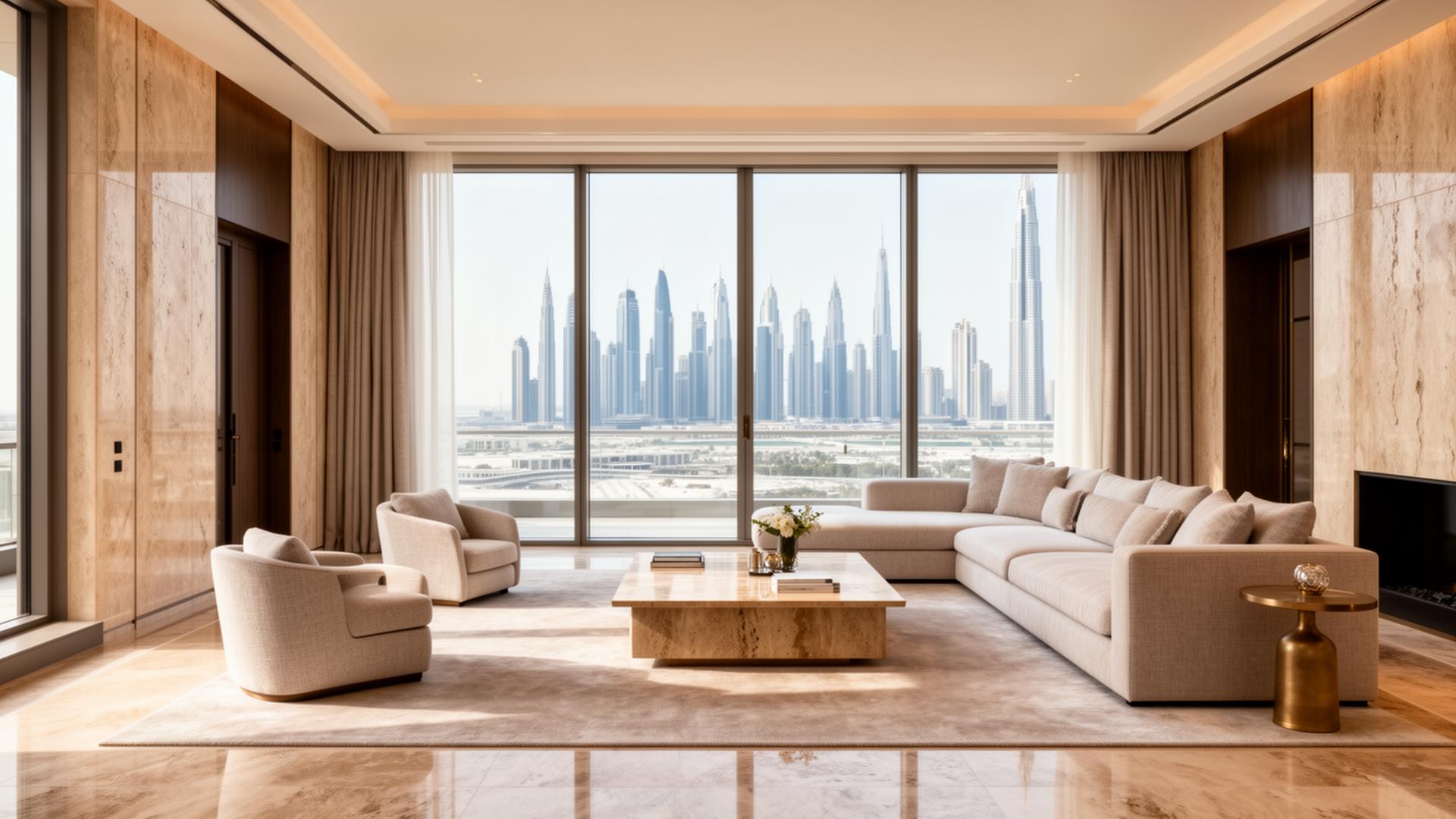 Penthouse interior overlooking the Dubai skyline